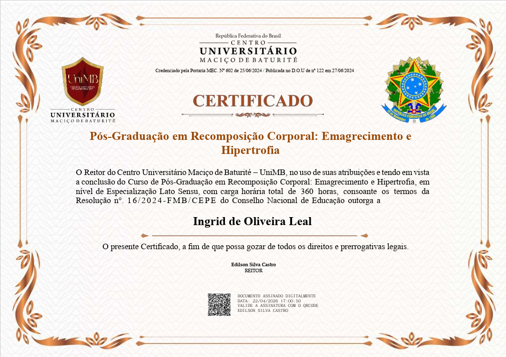 Certificado de Pós-Graduação em Recomposição Corporal — Ingrid de Oliveira Leal